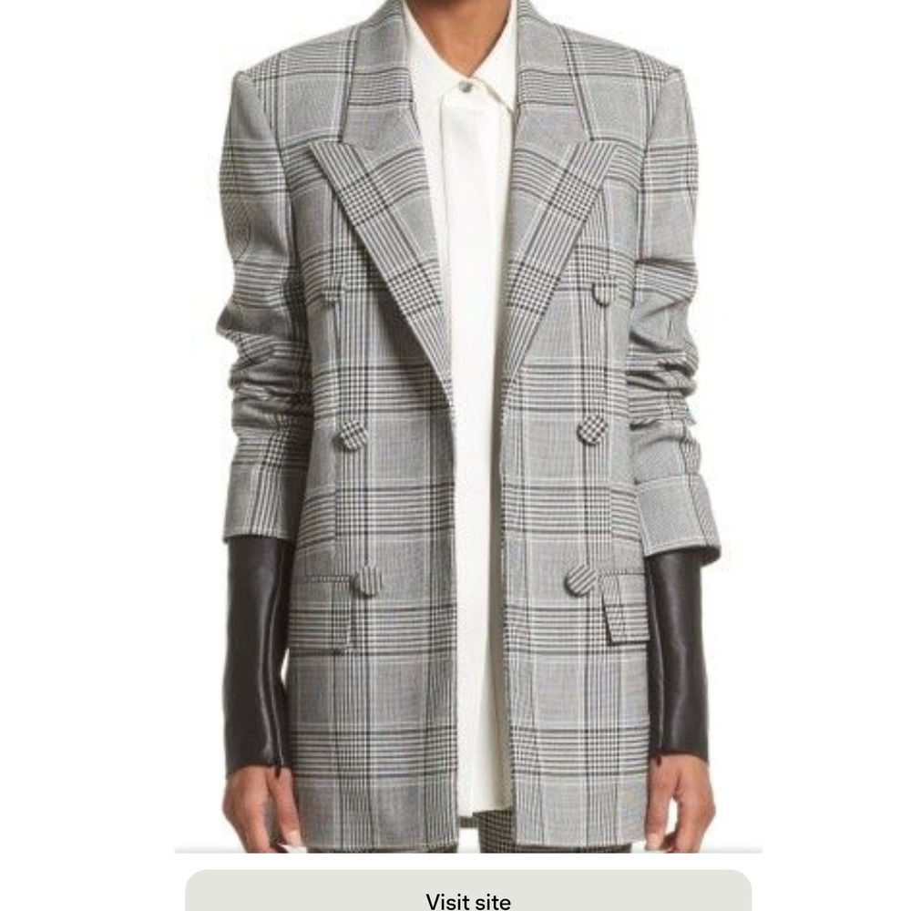 Alexander Wang Blazer Grey Glen Plaid Leather Sleeve Double Breasted Wool Size 4